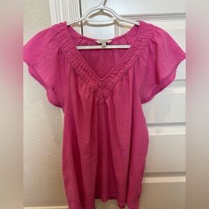 LUCKY BRAND Size Medium Pink Cotton Gauze Flutter Sleeve V-Neck Blouse Top Sz M